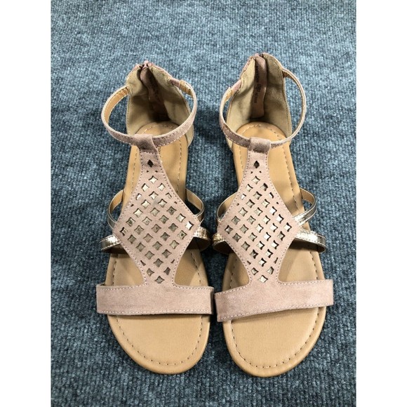 AMERICAN EAGLE OUTFITTERS Sandals Women's Size 6 Pink Gold Strappy‎ Zip Open Toe - Picture 1 of 8